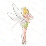  1girl bare_shoulders blonde_hair blue_eyes breasts dress fairy fairy_wings fly_agaric green_dress green_shoes green_tunic hair_bun highres mini_person mio_ney mushroom pointy_ears shoes single_hair_bun smile solo strapless tinker_bell_(disney) tunic walt_disney&#039;s_peter_pan wings 