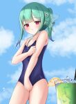  1girl alternate_hairstyle bangs blue_hair blue_sky blue_swimsuit blunt_bangs blush bow closed_mouth colored_tips competition_school_swimsuit covering covering_breasts covering_crotch eyebrows_visible_through_hair flat_chest frown green_hair hair_bow hair_ornament highres hololive looking_at_viewer new_school_swimsuit one-piece_swimsuit ponytail pu_lona red_eyes school_swimsuit sidelocks skull_hair_ornament sky solo spaghetti_strap summer swimsuit tropical_drink uruha_rushia virtual_youtuber 