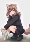  1girl animal_ears black_footwear black_legwear breasts brown_eyes brown_hair cat commentary dog_ears dog_tail fernandia_malvezzi full_body highres hora_liar liar_lawyer medium_hair military military_jacket military_uniform open_mouth petting smile socks solo squatting strike_witches tail uniform world_witches_series 