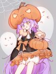  1girl absurdres black_cape black_skirt bloomers blue_eyes bucket cape commentary_request dot_nose electromocha feet_out_of_frame ghost grey_background halloween_bucket hands_up heterochromia highres holding holding_bucket korean_commentary layered_skirt long_hair multicolored_skirt open_mouth pumpkin_hat purple_hair silk skirt spider_web standing stellive straight-on tenko_shibuki very_long_hair virtual_youtuber white_bloomers yellow_eyes 