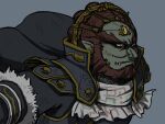  1boy anime_coloring ascot beads black_cape black_sleeves cape collared_cape colored_skin determined fang fang_out floating_cape forehead_jewel frilled_ascot frills fur-trimmed_sleeves fur_trim ganondorf gem gold_buttons grey_background grey_skin high_collar leaning_forward long_sleeves male_focus naru_(wish_field) pointy_ears pointy_nose print_ascot red_hair short_hair simple_background solo the_legend_of_zelda thick_eyebrows upper_body white_ascot yellow_eyes yellow_gemstone 