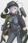  1girl absurdres ar-10 arm_up bag battle_rifle belt black_jacket bodysuit breasts brown_bag brown_belt cable commentary commission covered_navel cowboy_shot cyborg earpiece english_commentary explosive grenade grey_bodysuit grey_eyes grey_hair grin gun gun_sling hair_ornament hair_over_one_eye hairpin headset high-visibility_clothing high-visibility_jacket highres jacket joints klottinen long_sleeves looking_at_viewer machinery magazine_(weapon) mechanical_jaw medium_breasts medium_hair open_clothes open_jacket original rifle robot_joints satchel sidelocks simple_background smile solo standing weapon white_background 