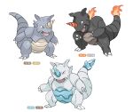  alternate_element commentary_request fang fire highres kanden-ki no_humans open_mouth orange_eyes pokemon pokemon_(creature) rhydon simple_background standing white_background 