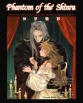  2boys alternate_costume alternate_hair_length alternate_hairstyle black_border black_gloves black_robe blonde_hair border candle candlestand character_name chinese_commentary chinese_text christine_daae christine_daae_(cosplay) clothes_grab cloud_strife cosplay crossdressing crossdressing_(mtf) curtains dress earrings english_text erik_(phantom_of_the_opera) erik_(phantom_of_the_opera)_(cosplay) expressionless fake_poster final_fantasy final_fantasy_vii final_fantasy_vii_remake fire frilled_sleeves frills gloves green_eyes grey_hair half_mask hands_up height_difference high_collar highres holding_another's_hair indoors jewelry juliet_sleeves light_smile long_bangs long_hair long_sleeves looking_at_another looking_down male_focus mask mixed-language_text multiple_boys night off-shoulder_dress off_shoulder pai_jingguan parted_bangs phantom_of_the_opera puffy_sleeves robe sephiroth spiked_hair stage_curtains stud_earrings translation_request upper_body white_dress white_mask yaoi 