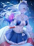  1girl absurdres anastasia_(fate) anastasia_(swimsuit_archer)_(fate) bangs bare_shoulders bikini blue_bikini blue_eyes blue_skirt blush bow breasts cleavage collarbone fate/grand_order fate_(series) flower hair_bow hair_over_one_eye highres innertube jewelry large_breasts long_hair long_sleeves looking_at_viewer mili_(pixiv24297867) miniskirt navel necklace ponytail puffy_long_sleeves puffy_sleeves silver_hair skirt smile solo swimsuit thighs very_long_hair 