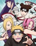  1boy 4girls :d blonde_hair blue_eyes brown_eyes brown_hair byakugan chinese_clothes forehead_protector green_eyes grey_jacket hair_ornament hair_over_one_eye hairpin haruno_sakura highres holding holding_scroll hyuuga_hinata jacket kunai looking_at_viewer multiple_girls naruto_(series) naruto_shippuuden ninja open_mouth pink_hair pinoko_(pnk623) ponytail purple_hair purple_shirt red_shirt scroll shirt shuriken sleeveless sleeveless_shirt smile teeth tenten_(naruto) uzumaki_naruto v-shaped_eyebrows weapon white_eyes white_shirt yamanaka_ino 