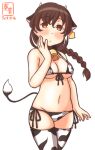  1girl alternate_costume animal_ears animal_print artist_logo bikini braid breasts brown_hair cleavage commentary_request covered_nipples cow_ears cow_horns cow_print cow_tail cowboy_shot dated ear_tag fake_animal_ears fake_horns front-tie_top hand_on_own_face horns kanon_(kurogane_knights) kantai_collection long_hair looking_at_viewer lowleg lowleg_bikini medium_breasts micro_bikini one-hour_drawing_challenge orange_eyes side-tie_bikini simple_background single_braid solo souya_(kancolle) swimsuit tail thighhighs white_background white_bikini white_legwear 