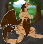 aziza_(cloudy_hyena) breasts brown_body brown_fur claws cloudy_hyena female fur multicolored_body multicolored_fur plant solo splynter stripes taur tree wings