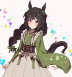  1girl black_hair blue_eyes blush braid braided_ponytail brown_corset closed_mouth corset cosplay daiichi_ruby_(umamusume) drill_hair green_kimono green_ribbon highres hinoe_(right-hnxx03) japanese_clothes kimono long_hair long_sleeves manhattan_cafe_(umamusume) manhattan_cafe_(umamusume)_(cosplay) manhattan_cafe_(verdant_night)_(umamusume) ribbon side_drill skirt smile solo split_mouth twin_drills umamusume vandy76 very_long_hair white_background white_skirt wide_sleeves 