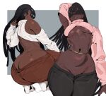  1girl absurdres adjusting_hair arm_at_side arm_up armpit_cutout ass belly_chain black_hair border breasts clothes_pull clothing_cutout dark-skinned_female dark_skin dreadlocks from_behind grey_background groin hair_over_eyes hand_up high_heels highres hip_dips huge_ass jewelry long_hair medium_breasts mole mole_on_arm mole_on_ass mole_on_back multiple_views navel no_panties original pants pants_pull parted_lips shoes shrug_(clothing) simple_background solo_focus squatting stomach sweat turtleneck_shrug underboob viv_(whoopsatro) white_border white_shoes white_shrug whoopsatro wide_hips 