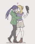  2girls black_hat black_pants black_shoes blonde_hair blush braid brown_shoes closed_mouth commentary crown_braid green_jacket grey_background grey_skirt hair_rings hand_on_another&#039;s_waist hat heart highres holding holding_unworn_clothes holding_unworn_hat jacket long_hair looking_at_another love_live! love_live!_sunshine!! matsuura_kanan multiple_girls ohara_mari pants ponytail purple_hair purple_sweater_vest sansensui shirt shoes simple_background single_hair_ring skirt smile sweater_vest symbol-only_commentary unworn_hat unworn_headwear white_shirt yellow_eyes yuri 