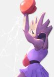  arm_up bare_arms boxing_gloves commentary_request crack dark_skin dress grey_eyes highres hitmonchan looking_back pokemon pokemon_(creature) purple_dress sash solo takumi_(creativeocean18) 