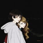  2girls absurdres beach blonde_hair blue_eyes braid bright_pupils brown_hair chaosoded city_lights commentary crown_braid dark english_commentary highres hood hood_down hoodie long_hair looking_at_viewer multiple_girls night niijima_makoto persona persona_5 red_eyes takamaki_anne unamused white_hoodie white_pupils 