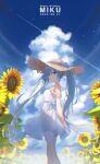  1girl 2025 absurdres arms_behind_back bare_arms bare_legs blue_eyes blue_hair blue_ribbon blue_sky brown_hat character_name closed_mouth cloud cumulonimbus_cloud dated day dress field flower flower_field hair_between_eyes happy_birthday hat hat_ribbon hatsune_miku highres long_hair outdoors ribbon see-through_clothes see-through_dress short_dress sky sleeveless sleeveless_dress smile solo straw_hat sunflower traum twintails very_long_hair vocaloid white_dress yellow_flower 