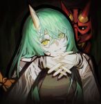  1girl arknights arknights_yuu12 black_shirt bright_pupils commentary fingernails green_hair grin hair_between_eyes highres horns hoshiguma_(arknights) interlocked_fingers long_sleeves looking_at_viewer mask oni_mask own_hands_together shirt single_horn skin-covered_horns smile solo spotlight unworn_mask upper_body white_pupils yellow_eyes 