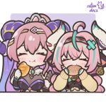  2girls ahoge animal_ears aqua_bow aqua_bowtie aqua_hairband artist_name bandaid bandaid_on_cheek bandaid_on_face bandaid_on_horn bell bell_earrings black_dress black_hairband black_sleeves black_tube_top blush bow bowtie braid bread breasts burger closed_eyes closed_mouth commentary cow_ears cow_girl cow_horns cowbell crossover curled_horns detached_sleeves dress earrings eating english_commentary fire_emblem fire_emblem_heroes food genshin_impact goat_horns hair_ornament hairband hairclip high_ponytail holding holding_bread holding_burger holding_food horns huge_breasts jewelry long_hair long_sleeves multicolored_hair multicolored_hairband multiple_girls multiple_rings nerthuz_(fire_emblem) pink_bow pink_bowtie pink_hair pink_hairband ponytail purple_dress purple_horns ring rotomdocs see-through_clothes see-through_dress single_earring smile strapless streaked_hair tiara tube_top twin_braids twintails two-tone_bow two-tone_bowtie two-tone_hair varesa_(genshin_impact) white_background white_horns yellow_sleeves 