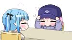  2girls ahoge anchor_symbol arms_up baseball_cap blue_hair chair chibi closed_eyes closed_mouth drawstring flying_sweatdrops grey_hoodie hands_on_headwear hat heart heart_ahoge highres hololive hood hood_down hoodie indoors long_hair long_sleeves minato_aqua mochimiko motion_lines multicolored_hair multiple_girls on_chair pink_hair puffy_long_sleeves puffy_short_sleeves puffy_sleeves purple_hair purple_hat shirt short_sleeves simple_background smile streaked_hair table twintails two-tone_hair upper_body virtual_youtuber white_background white_shirt yukihana_lamy yurie_mouth 