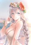  1girl absurdres anastasia_(fate) anastasia_(swimsuit_archer)_(fate) anyuendo backlighting bangs bare_shoulders beach blue_eyes blue_sky blush braid breasts cleavage collarbone dress dress_swimsuit fate/grand_order fate_(series) flower_wreath gradient_sky hair_over_one_eye head_wreath highres large_breasts long_hair looking_at_viewer orange_sky shore silver_hair sky smile solo sunset twin_braids very_long_hair white_dress 