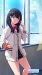  1girl absurdres against_wall black_hair blue_eyes bow bowtie earbuds earphones feet_out_of_frame game_cg gridman_universe hand_in_pocket highres indoors long_hair looking_at_viewer official_art red_bow red_bowtie sky solo ssss.gridman takarada_rikka window 