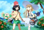  2girls :d bad_id bad_pixiv_id bag bangs banned_artist black_hair blonde_hair blue_eyes blunt_bangs braid bush closed_mouth cloud collarbone collared_dress commentary_request cosmog day dress duffel_bag eyelashes flower grass green_eyes green_shorts hat holding holding_poke_ball kneehighs lillie_(pokemon) long_hair medium_hair multiple_girls nin_(female) open_mouth orange_flower outdoors palm_tree poke_ball poke_ball_(basic) poke_ball_theme pokemon pokemon_(creature) pokemon_(game) pokemon_sm rowlet see-through selene_(pokemon) shirt short_sleeves shorts shoulder_bag sky sleeveless sleeveless_dress smile standing sun_hat sundress tied_shirt tongue tree twin_braids white_dress white_headwear white_legwear yellow_shirt 