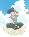  1boy :d black_eyes black_footwear black_hair blue_sky cloud cloudy_sky day dougi dragon_ball dragon_ball_z facing_viewer fingernails flying flying_nimbus full_body green_pants hand_on_ankle hand_on_own_face hand_on_own_leg hand_up happy highres indian_style kz_(dbz_kz) leg_warmers looking_afar male_focus messy_hair muscular muscular_male obi open_mouth orange_wristband outdoors pants pectorals sash shading_eyes shoes sitting sky smile solo son_goku teeth white_sash wide-eyed wristband 