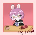 2024 anthro bangs bella_(peypey_mei1925) beverage black_clothing black_hoodie black_topwear blush border brown_pupils cellphone clothed clothed_anthro clothed_female clothing colored container cup digital_drawing_(artwork) digital_media_(artwork) electronics english_description english_text eyelashes fan_character female female_anthro food fur furniture grey_clothing grey_shirt grey_t-shirt grey_topwear hair hi_res holding_cellphone holding_object holding_phone hoodie lagomorph lidded_eyes light lighting long_ears looking_at_viewer mammal mitten_hands multicolored_hair noseless peypey_mei1925 phone pocky pupils purple_hair rabbid raving_rabbids rayman_(series) red_background red_border saucer shaded shirt short_hair simple_background solo steam t-shirt table tan_eyelids tan_inner_ear tea tea_cup text topwear two_tone_hair ubisoft white_body white_fur white_hair yellow_eyes