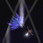  black_flower candle_(allotas) commentary dark floating floette floette_(eternal) flower from_side full_body glimmora glitch holding holding_flower light_rays pokemon pokemon_(creature) pokemon_legends:_z-a purple_background 