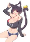  1girl absurdres animal_ear_fluff animal_ears ayuko_(mochiayuko) azur_lane bell black_hair bra breasts cat_ears cat_girl cat_tail cleavage fang highres huge_breasts mismatched_eyebrows official_alternate_costume open_mouth pink_nails red_bra red_eyes shirt short_hair shorts simple_background single_bare_shoulder sitting skin_fang solo tail tail_bell tail_ornament torn_clothes torn_shirt torn_shorts underwear white_background yamashiro_(azur_lane) yamashiro_(vacation_offensive!)_(azur_lane) 