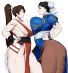  2girls absurdres bare_legs biceps black_hair bouncing_breasts bracelet breast_press breasts brown_hair capcom capcom_vs._snk chun-li confident fatal_fury height_growth high_ponytail highres huge_breasts jewelry large_breasts multiple_girls muscle_growth ninja no_bra non-web_source obi open_mouth pantyhose parted_bangs ponytail rivalry sash shiranui_mai sideboob smile snk snk_vs_capcom:_match_of_the_millennium spiked_bracelet spikes street_fighter surprised symmetrical_docking tall_female thick_thighs thighs 