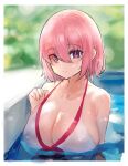  1girl absurdres bangs bare_shoulders breasts cleavage collarbone dh-zone fate/grand_order fate_(series) hair_over_one_eye highres large_breasts light_purple_hair looking_at_viewer mash_kyrielight mash_kyrielight_(swimsuit_of_perpetual_summer) pool purple_eyes short_hair smile solo swimsuit water wet white_swimsuit 