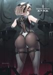  1girl absurdres bodystocking bodysuit giant giantess highleg highleg_leotard highres impossible_bodysuit impossible_clothes leotard looking_back mecha_musume original sdd sherman_(egnk2525) skin_tight thighhighs white_thighhighs 