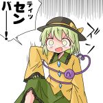  1girl black_hat blush bow buttons december diamond_button eyeball frilled_shirt_collar frills green_eyes green_hair hat hat_bow kasuya_baian knee_up komeiji_koishi long_sleeves open_mouth parody shirt solo speech_bubble third_eye touhou yellow_bow yellow_shirt yuyushiki 