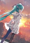  1girl :d absurdres akayama_yukihe backlighting black_pantyhose blush bow bowtie cityscape commentary dutch_angle feet_out_of_frame flower from_behind green_eyes green_hair hair_between_eyes hair_intakes hatsune_miku highres holding holding_flower horizon lens_flare long_hair looking_at_viewer looking_back open_mouth orange_sky outdoors pantyhose photo_background sailor_collar school_uniform serafuku shirt sidelocks skirt sky sleeves_past_wrists smile solo standing sunlight sunset twintails very_long_hair vocaloid white_bow white_bowtie white_flower white_sailor_collar white_serafuku white_shirt white_skirt 
