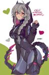  1girl bangs black_hoodie blush bodysuit braid breasts character_name commission cropped_hoodie glasses grey_bodysuit grey_hair hair_behind_ear heart highres hood hoodie horns indie_virtual_youtuber large_breasts light_smile long_hair mechanical_horns mechanical_tail pink_eyes saruei_(vtuber) scar scar_across_eye second-party_source skeb_commission solo soreeyu_(sore-yu) tail virtual_youtuber 