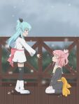  2girls absurdres blue_eyes blue_hair blurry blurry_background blush boots bow carol_(sora_no_method) dress full_body green_eyes hair_bow hair_bun hair_ornament highres jacket kneeling long_hair long_sleeves looking_at_another medium_hair multiple_girls noel_(sora_no_method) obi open_mouth pink_hair ponytail railing reaching reaching_towards_another ribbon sailor_collar sash school_uniform serafuku sidelocks single_hair_bun sitting smile snow snowing sora_no_method standing thighhighs tree two_side_up user_ekwp8358 wariza wide_sleeves yellow_eyes zettai_ryouiki 