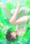  1girl bare_legs bare_shoulders barefoot black_hair cherry commentary_request dress fang flower_wreath food fruit fukumaru_koito hai_bokusha highres idolmaster idolmaster_shiny_colors purple_eyes short_hair skin_fang solo sundress thighs twintails underwater white_dress wreath 