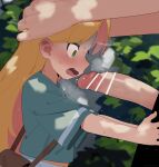  1boy 1girl absurdres aqua_jacket bar_censor blonde_hair blush censored colored_inner_hair commentary_request green_eyes hands_on_another&#039;s_head hetero highres imminent_irrumatio jacket long_hair mizumizuni multicolored_hair open_mouth outdoors penis pink_hair precum ruri_no_houseki short_sleeves solo_focus sweat tanigawa_ruri tears two-tone_hair 