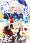  adjusting_hair arlecchino_(genshin_impact) ascot black_eyes black_gloves black_hair black_hands blue_dress blue_eyes blue_hair blush colored_extremities commentary_request dress food fruit furina_(genshin_impact) genshin_impact gloves grey_jacket hand_up happy heart highres holding holding_spoon jacket medium_hair msu359_shin multicolored_hair offering_food open_mouth outstretched_hand red_lips sparkle speech_bubble spoken_heart spoon straight-on strawberry symbol-shaped_pupils talking teeth translation_request two-tone_hair upper_teeth_only white_hair x-shaped_pupils 