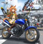  5girls absurdres aircraft aircraft_carrier airplane animal_ears ascot asymmetrical_gloves belt black_boots black_dress black_pants black_thighhighs blue_eyes blue_sky blunt_bangs blush bomber_jacket boots bow bowtie braid breasts brown_boots brown_eyes brown_hair brown_hat brown_ribbon buttons camouflage camouflage_jacket cape cloud cockpit crop_top diagonal-striped_bow dog_tags double-breasted dress ear_bow ear_covers ear_ornament ear_ribbon epaulettes fighter_jet flag gloves gold_ship_(umamusume) green_belt green_bow green_bowtie green_jacket grey_hair gun hair_between_eyes half_up_braid hat high_ponytail highres holding holding_gun holding_weapon honda horse_ears horse_girl horse_tail jacket japanese_flag juliet_sleeves long_hair long_sleeves looking_at_viewer mayano_top_gun_(scramble_zone)_(umamusume) mayano_top_gun_(umamusume) medium_hair midriff mikeran_(mikelan) military_uniform military_vehicle mismatched_gloves missile motor_vehicle motorcycle multicolored_hair multicolored_jacket multiple_girls navel nice_nature_(poinsettia_ribbon)_(umamusume) nice_nature_(umamusume) on_motorcycle open_clothes open_cockpit open_jacket open_mouth orange_eyes orange_hair orange_tail pants pillbox_hat pinafore_dress pink_ascot ponytail puffy_sleeves purple_eyes red_cape red_jacket ribbon ship shirt short_hair shorts single_epaulette skirt sky sleeveless sleeveless_dress smile special_week_(umamusume) streaked_hair striped_bow striped_bowtie striped_clothes tail thighhighs thighs tokai_teio_(peak_joy)_(umamusume) tokai_teio_(umamusume) twintails two-tone_hair two-tone_jacket two-tone_skirt two_side_up umamusume ura_(umamusume) v warship water watercraft weapon white_gloves white_hair white_jacket white_shorts white_skirt yellow_shirt 