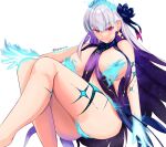  1girl bangs bare_shoulders blue_fire blue_hair blush body_markings bracelet breasts byte-artist earrings fate/grand_order fate_(series) fire flower hair_flower hair_ornament hair_ribbon highres jewelry kama_(fate) kama_(swimsuit_avenger)_(fate) knees_up large_breasts long_hair looking_at_viewer lotus multicolored_hair red_eyes revealing_clothes ribbon silver_hair smile solo star_(symbol) star_earrings thighs two-tone_hair 