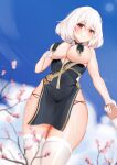  1girl absurdres azur_lane blue_sky blurry blurry_foreground branch breast_curtains breasts cherry_blossoms china_dress chinese_clothes cleavage dress from_below garter_straps gloves grey_dress half_gloves highres kanesada_dp large_breasts looking_at_viewer looking_down medium_hair official_alternate_costume pelvic_curtain red_eyes revealing_clothes sheer_clothes sirius_(azur_lane) sirius_(azure_horizons)_(azur_lane) sky smile thighhighs underboob white_gloves white_hair white_legwear 