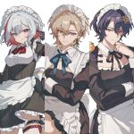  1girl 2boys abs alternate_costume apron aventurine_(honkai:_star_rail) blonde_hair blue_eyes breasts colored_inner_hair commentary_request dr._ratio_(honkai:_star_rail) enmaided highres honkai:_star_rail honkai_(series) large_breasts looking_at_viewer maid maid_apron maid_headdress multicolored_eyes multicolored_hair multiple_boys nanyi46293 purple_eyes purple_hair red_eyes red_hair short_hair thigh_strap topaz_(honkai:_star_rail) white_hair 