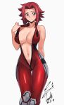  1girl absurdres artist_name blue_eyes breasts code_geass collarbone commentary_request dated hair_intakes highres kouzuki_kallen large_breasts looking_at_viewer mecha_pilot_suit red_bodice red_hair short_hair simple_background solo unzipped white_background yoo_tenchi 