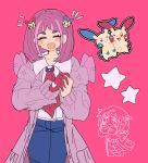  1girl arched_bangs blue_pants blush cardigan character_hair_ornament closed_eyes closed_mouth collared_shirt eyelashes gloves hair_ornament hairclip han0579 highres lacey_(pokemon) long_sleeves minun necktie one_eye_closed open_cardigan open_clothes open_mouth pants pink_cardigan pink_hair plusle pokemon pokemon_sv purple_cardigan red_gloves red_necktie shirt short_hair single_glove smile star_(symbol) white_shirt 