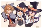  3girls akebono_(halloween)_(kancolle) akebono_(kancolle) akebono_kai_ni_(kancolle) animal_ears animal_hands asashio_(halloween)_(kancolle) asashio_(kancolle) asashio_kai_ni_(kancolle) black_cape black_hair black_hat blue_eyes bow bowtie brown_eyes brown_hair cape cat_ears collared_shirt dated dress dress_shirt gloves halloween_costume hands_on_own_cheeks hands_on_own_face happy_halloween hat infini kantai_collection long_hair multicolored_cape multiple_girls oboro_(halloween)_(kancolle) oboro_(kancolle) official_alternate_costume orange_bow orange_bowtie orange_overalls overalls paw_gloves pinafore_dress purple_eyes purple_hair purple_shirt scepter searchlight shirt short_hair side_ponytail simple_background sleeveless sleeveless_dress sticker sticker_on_face striped_clothes striped_hat striped_shirt top_hat twitter_username upper_body white_background white_dress white_gloves white_shirt witch_hat wolf_ears 