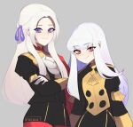  2girls artist_name ascot bangs buttons cape closed_mouth commentary crossed_arms edelgard_von_hresvelg english_commentary epaulettes eyebrows_visible_through_hair fire_emblem fire_emblem:_three_houses garreg_mach_monastery_uniform gloves grey_background hair_between_eyes hair_ribbon juliet_sleeves lazymimium long_hair long_sleeves looking_at_viewer lysithea_von_ordelia multiple_girls pantyhose pink_eyes puffy_sleeves purple_eyes purple_ribbon red_cape red_legwear ribbon sidelocks signature simple_background smile uniform white_ascot white_gloves white_hair 