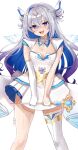  1girl :d absurdres alternate_costume amane_kanata angel angel_wings artist_name asymmetrical_gloves asymmetrical_legwear bilingual_commentary blue_hair breasts cleavage colored_inner_hair commentary double_bun dress english_commentary feathered_wings frilled_skirt frills gem gloves grey_hair hair_between_eyes hair_bun hair_ornament halloween highres holding holding_staff hololive jewelry long_hair looking_at_viewer magical_girl mahou_shoujo_holowitch! mixed-language_commentary multicolored_hair open_mouth purple_eyes skirt small_breasts smile solo staff tnolize transparent_background virtual_youtuber white_dress white_gloves wings 