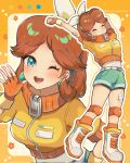  1girl alternate_costume blue_eyes breasts brown_hair crop_top gloves highres jewelry long_hair looking_at_viewer mario_(series) mario_kart mario_kart_world midriff navel norimaki_(nrmk_norinori) one_eye_closed open_mouth princess_daisy short_shorts shorts smile solo stretching zipper_pull_tab 