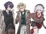  1girl 2boys aventurine_(honkai:_star_rail) bare_shoulders black_hat black_necktie black_shirt blonde_hair blue_eyes blush brown_coat closed_mouth coat colored_inner_hair commentary_request detached_sleeves dr._ratio_(honkai:_star_rail) eyewear_on_head glasses hair_ornament hairclip hat highres honkai:_star_rail honkai_(series) looking_at_viewer multicolored_eyes multicolored_hair multiple_boys nanyi46293 necktie numby_(honkai:_star_rail) open_clothes open_coat open_mouth purple_eyes purple_hair red_eyes red_hair shirt short_hair thigh_strap topaz_(honkai:_star_rail) trotter_(honkai:_star_rail) white_hair 