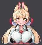 alice_thymefield animal_ears animal_humanoid big_breasts black_clothing black_gloves black_handwear blonde_hair blush bodily_fluids breasts brown_body brown_fur clothed_titfuck clothing dipstick_ears disembodied_penis ear_markings eyelashes female fingerless_gloves first_person_view fur genital_fluids genitals gloves grey_background hair handwear heterochromia humanoid kurotodraw lagomorph lagomorph_humanoid leporid_humanoid looking_at_viewer male mammal mammal_humanoid mihoyo multicolored_ears orange_eyes penis precum rabbit_humanoid simple_background solo tan_body tan_fur tan_skin thiren topwear twintails_(hairstyle) white_clothing white_topwear yellow_eyes zenless_zone_zero